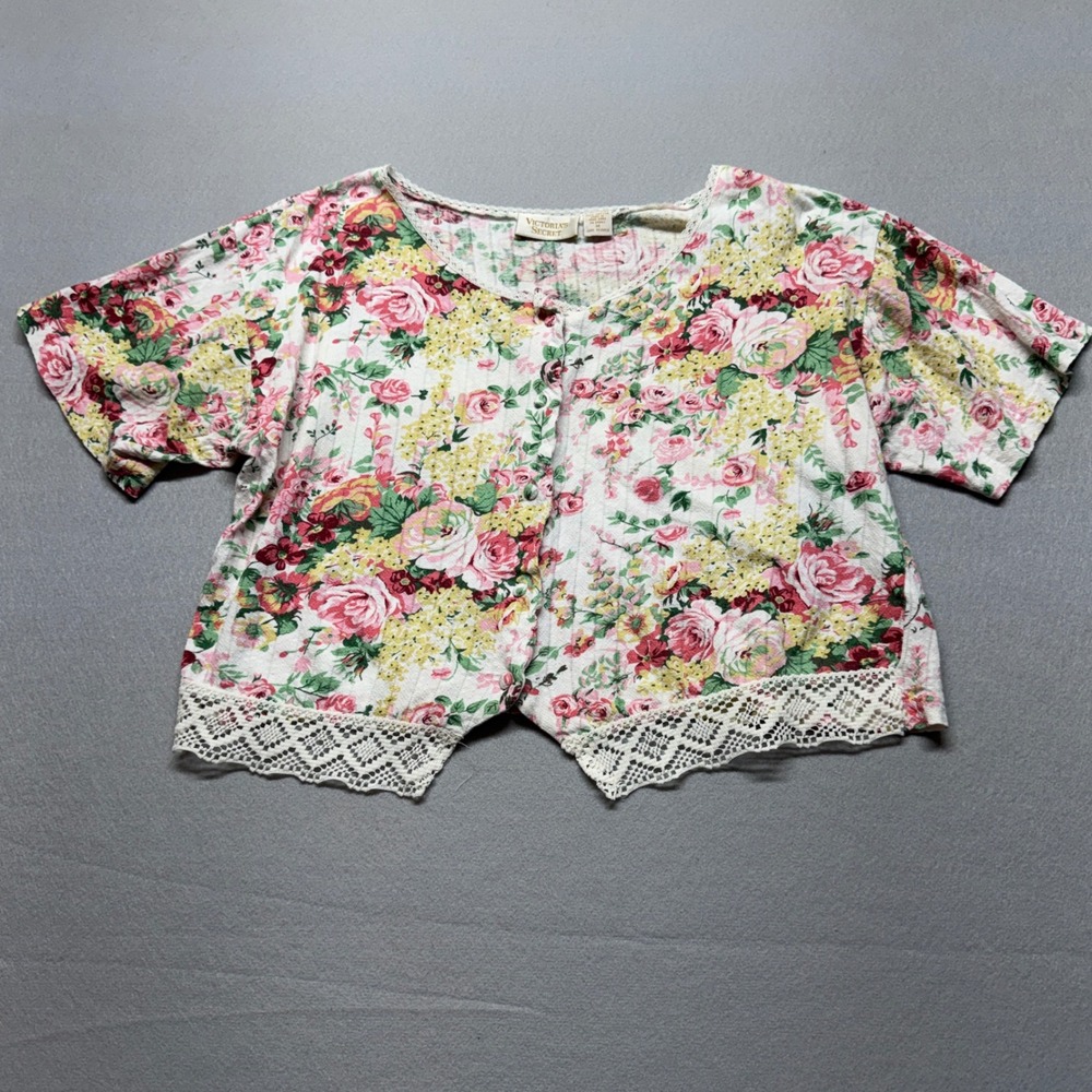 Vintage Victorias Secret Gold Label Floral Pointelle Lace Crop Top Pink Yellow M